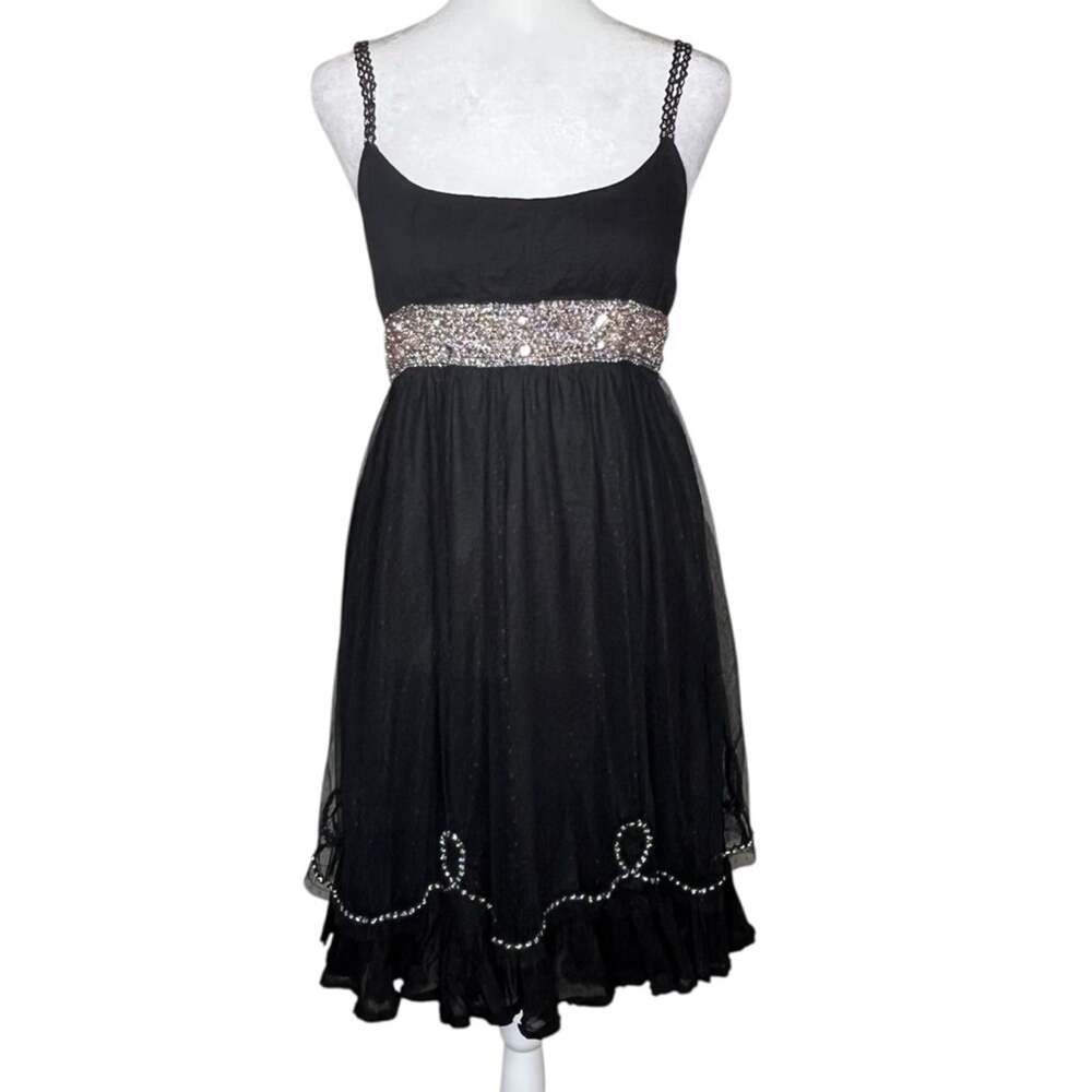 Free People Tulle Mesh Dress 4 Black Beaded Empire Waist Rhinestone Babydoll